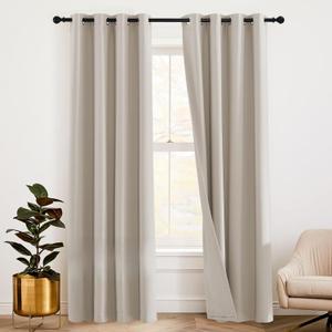 RYB HOME Soundproof Curtains 95 inches - 3 Layers Blackout Curtains Noise Reducing Thermal Insulted Drapes for Bedroom Living Room Playroom, W 52 x L 95 inch, Natural, 1 Pair