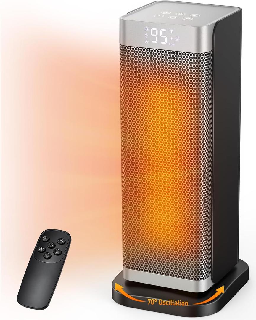 Space Heaters for Indoor Use, 1500W Electric Heater with Thermostat, 70 Oscillation, Remote Control, 3 Modes, 12H Timer, Portable Heater for Bedroom, Office, Home (Silver)