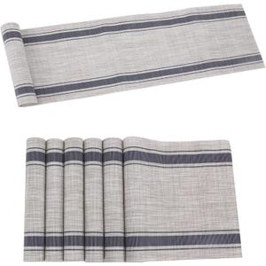 Table Runner with Set of 6 Placemats Vinyl Washable Easy Clean for Dining Table Heat-resistand PVC Placemats Set for Family Dinner Kitchen Dining Table Decoration(Blue)