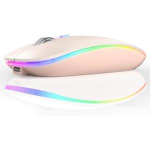 TENMOS Wireless Bluetooth Mouse, LED Slim (Bluetooth 5.1 + USB) 2.4GHz Rechargeable Silent Bluetooth Wireless Mouse with Type C Adapter for Laptop/MacBook/iPad OS 13 and Above - Light Pink