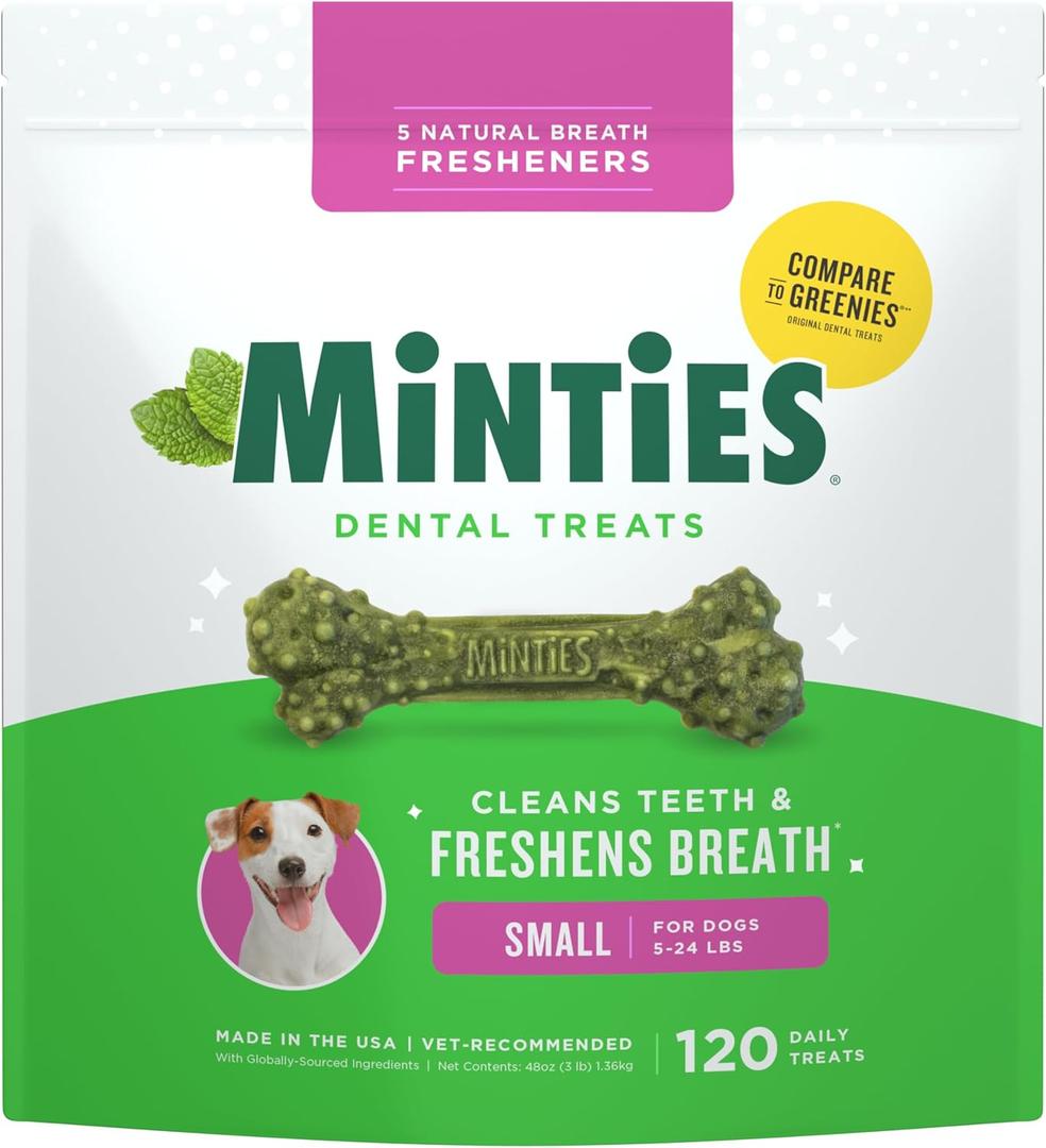 Minties Dog Dental Bone Treats, Tiny/Small Dental Dog Treats, 5-25 lbs, Clean Teeth, Fight Bad Breath, Removes Plaque and Tartar, 120 Count (48 Ounces)