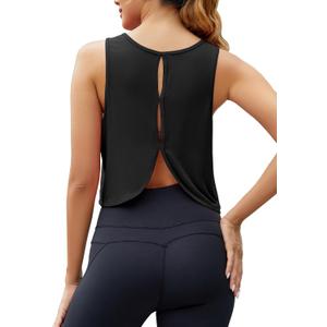 Mippo Workout Tops for Women Open Back Athletic Gym Yoga Tank Tops Loose Fit (Small, Black)