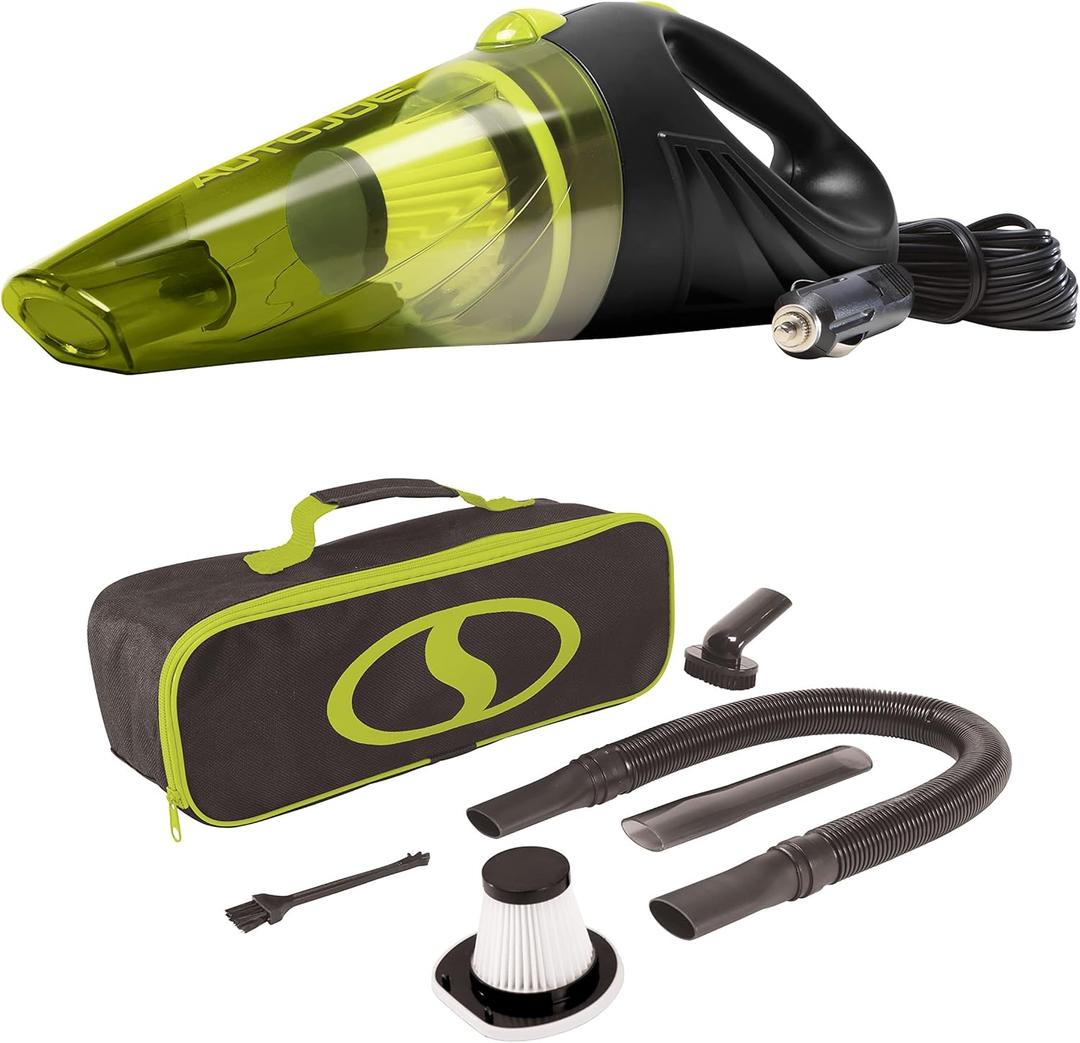 Auto Joe ATJ-V501 12-Volt Portable Car Vacuum Cleaner w/16-Foot Cable, Interior Auto Detailing Accessory Kit, HEPA Filter x2 and Storage Bag, Green