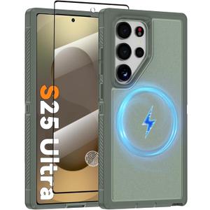 Magnetic Case for Samsung Galaxy S25 Ultra with Screen Protector [Compatible with MagSafe Wireless Charging] [Dual Layer Military-Grade Protection] Heavy Duty Rugged Shockproof Protection Cover, Green