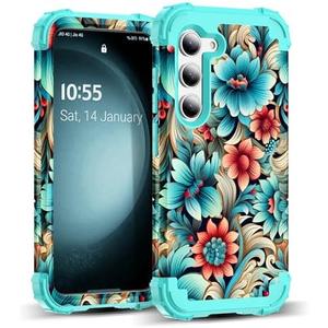 SleekCover for Galaxy S25 Plus 5G Case,3 in 1 Oil Painting Flower Pattern Heavy Duty Protection Silicone Rubber Bumper+Hard Plastic Protective Cover for Samsung Galaxy S25 Plus,Blue Flower