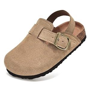 Toddler Boys Girls Clogs Suede Cork Genuine Leather Sandals with Adjustable Buckle,Toddler Mules Potato Shoe Indoor Outdoor Slip on Slide Slippers, Size 27