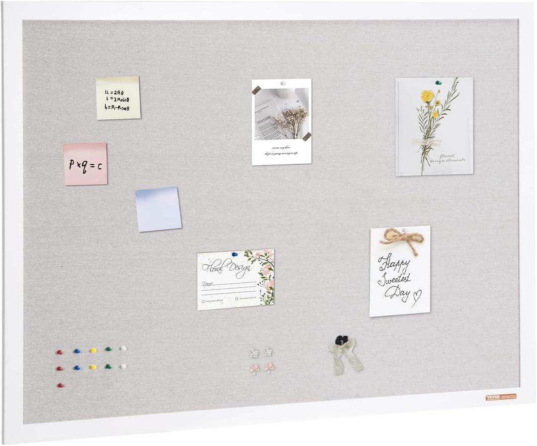 VEVOR 48"x36" White Cork Board with Linen Surface Stylish Wall-Mounted Bulletin Board for Home, School, Office Elegant & Functional Noticeboard