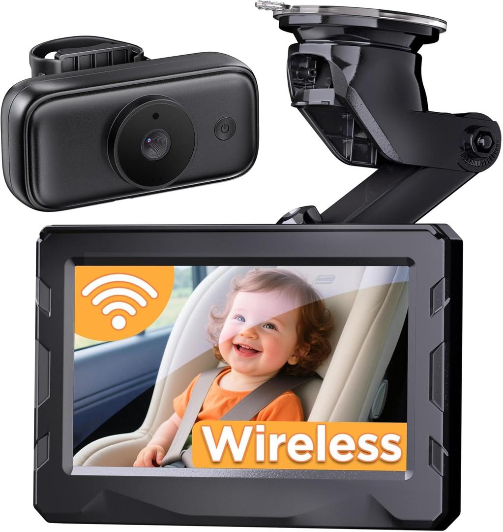 Wireless Baby Car Camera - 40 Hours Rechargeable Battery with Auto Sleep & Night Vision, 4.3'' 1080P HD Video Car Baby Monitor - 360 Rotating Rear Facing Back Seat Cam, Newborn Essential New Mom gift