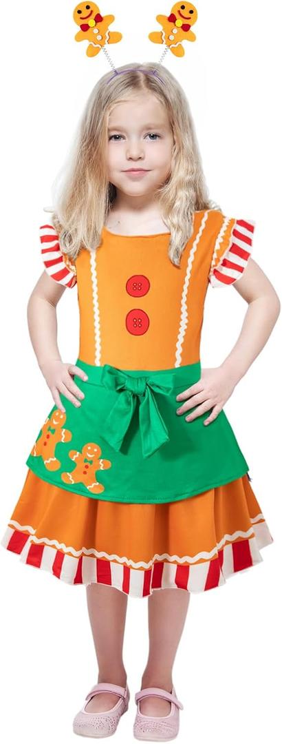 bakjuno Gingerbread Girl Costume Christmas Gingerbread Girl Dress+ Gingerbread Headband (5-6 Years, Brown)
