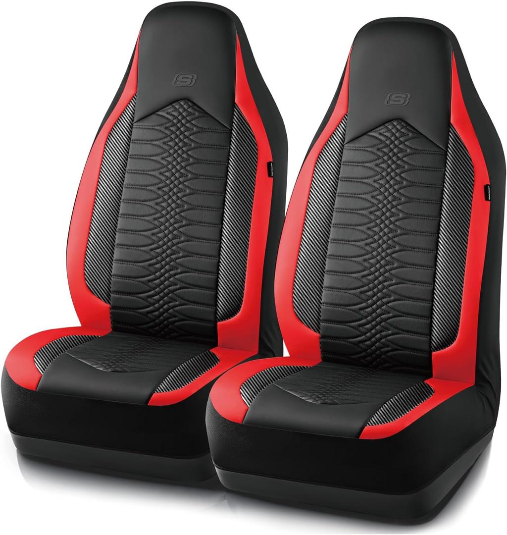 Skechers Memory Foam Car Seat Covers, Leather High Back Seat Covers Quilting Design,Waterproof Sports Car Seat Covers Front Seats,Airbag Compatible, Universal Fit for Most Cars, SUVs,Trucks,Red (Black and Red)