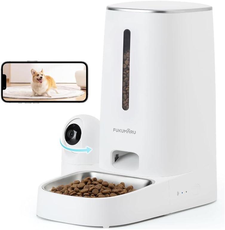 FUKUMARU Automatic Cat Feeder with Rotating Camera,1080P HD Video with Night Vision, 5G WiFi APP Control Pet Feeder, 2-Way Audio, Low Food, Motion & Sound Alerts