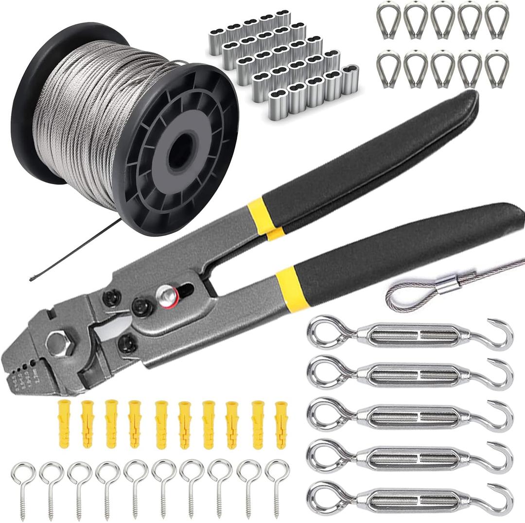 Turnbuckle Kit & Wire Rope Crimping Tool, 100ft Vinyl Coated Aircraft Cable (1/16 Inch Overmolded to 5/64 Inch) - Guy Wire Tensioner for Garden String Light, Picture, Clothes Hanging