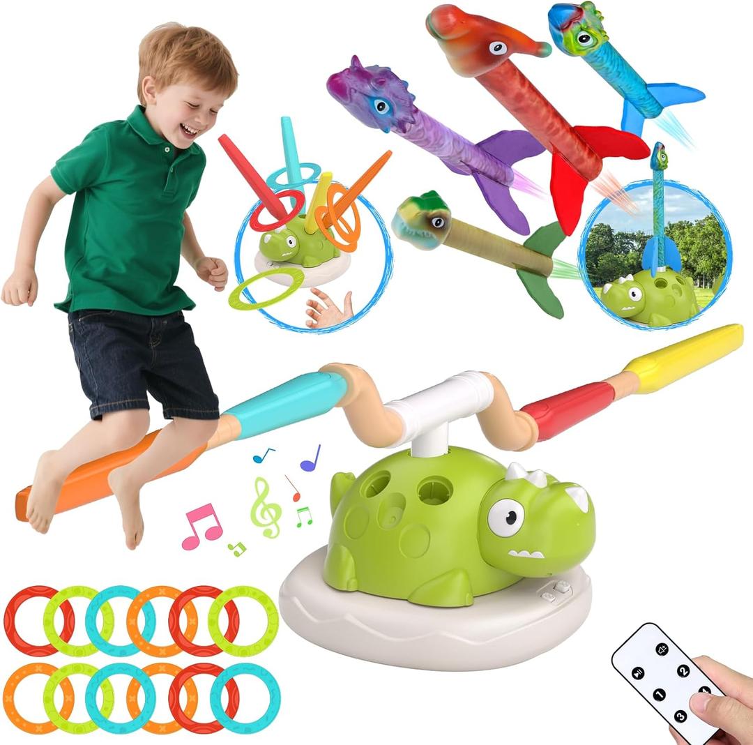 Indoor Outdoor Games for Kids, 3 In 1 Musical Jump, Ring Toss Game & Stomping Rocket Launcher for Kids, Dinosaur Sports & Outside Play Activities Toys with Remote Control for Toddlers 3-5 4-8