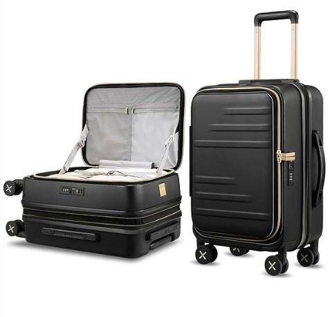 LUGGEX Carry On Luggage For Travel Front Opening, Expandable Polycarbonate Hard Shell Suitcase With Wheels For Men Women (Black Gold, 19 Inch, 27.2L-32L) - Color Black Gold - Tamaño Carry-On 19-Inch