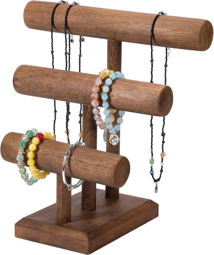 3-Tier Bracelet Holder Stand Display Wooden T-Bar Bracelets Holder Organizer for Displays, Storage Stand Tower for Bangle