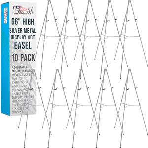 U.S. Art Supply 66" High Gallery Silver Metal Display Easel (10 Pack) - Large Adjustable Height Portable Easel Stand, Sign Display, Holds 25 lbs - Floor & Tabletop Easels, Painting Stand