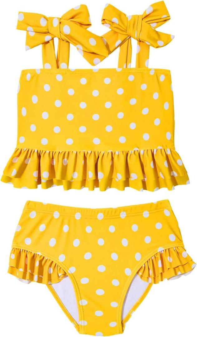 Century Star Toddler High Waisted Bikini 2025 Baby Girl Swimsuit Cute Ruffle Swimwear Tie Shoulder Infant Bathing Suit (6-7 Years, Yellow With White Spots)
