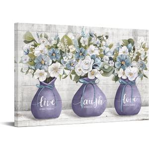 iKNOW FOTO 24x36'' Rustic Wall Art Canvas Flowers in Purple Vase with Inspirational Quotes Live Laugh Poster Love Pictures Farmhouse Artwork Modern Home Decorations