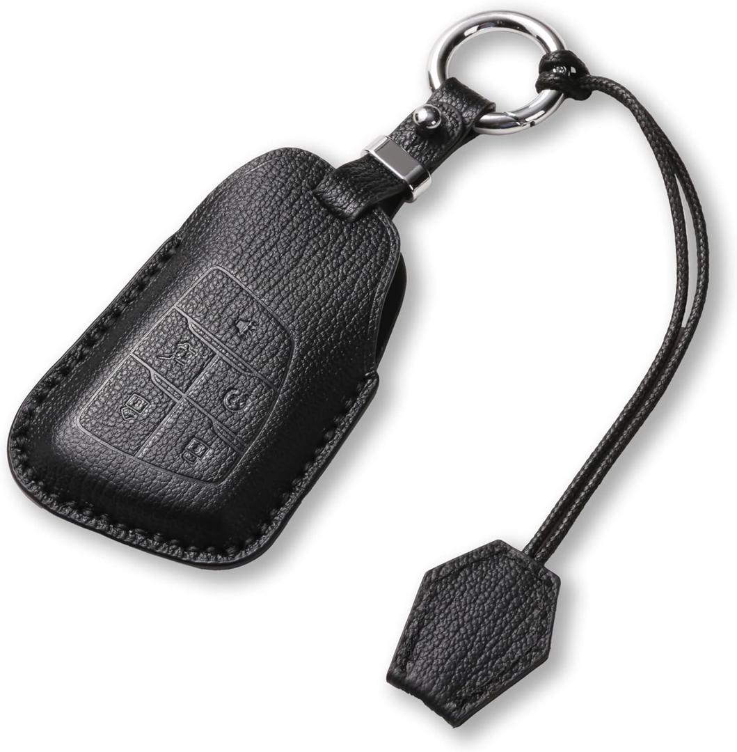 Jayanes Genuine Leather Key Fob Cover Compatible with Chevy Equinox Traverse Blazer EV GMC Terrain 2025 2024 and Buick Envision 2025-2021 Key Fob Case with Keychain & Lanyard (5 Buttons, Black)