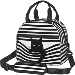 Black Cat Reusable Insulated Lunch Box Waterproof Lunch Bag with Detachable and Adjustable Shoulder Strap for Office Picnic or Travel