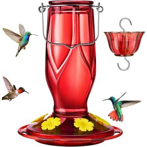 Kingsyard Glass Hummingbird Feeders for Outdoors Hanging, 6 Feeding Ports 16 Ounces Leakproof Bird Nectar Feeder for Garden Porch Fall Decorations, Easy to Refill & Clean, Ant Moat Included, Red
