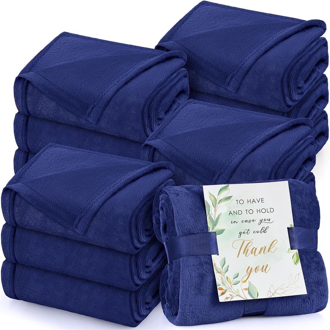 Buryeah 12 Pack Oeko-tex Certified Wedding Flannel Throw Blanket Bulk 50 x 60 Inch Soft Blanket with Thank You Cards Ribbon for Guests Spa Sleepover Favors (Navy)