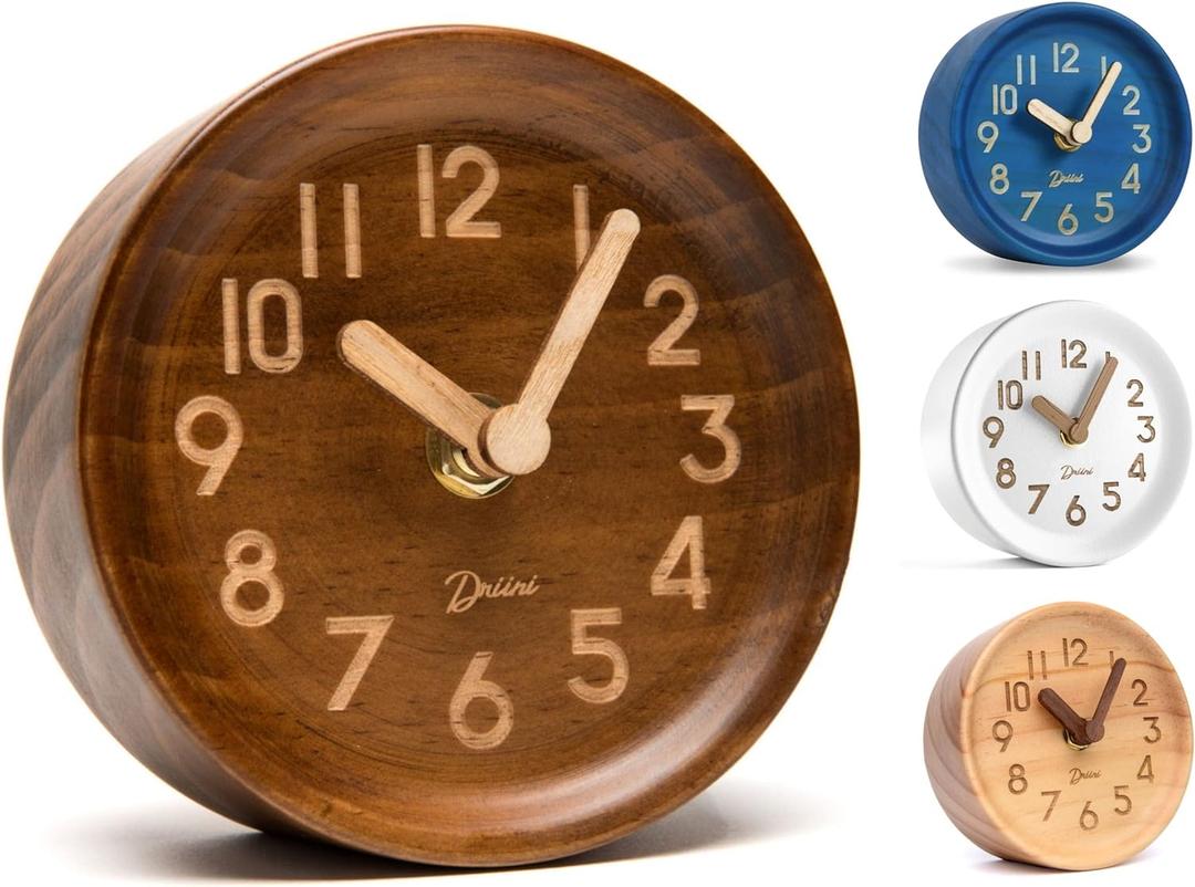Driini Wooden Analog Desktop Clock  4.3 in. Decorative Pinewood, No-Tick Design  Easy to Read Silent Sweep Mantle Clock  Quiet Tabletop Clocks with Wood Body, Hands, & Battery Cover; Dark (Brown)