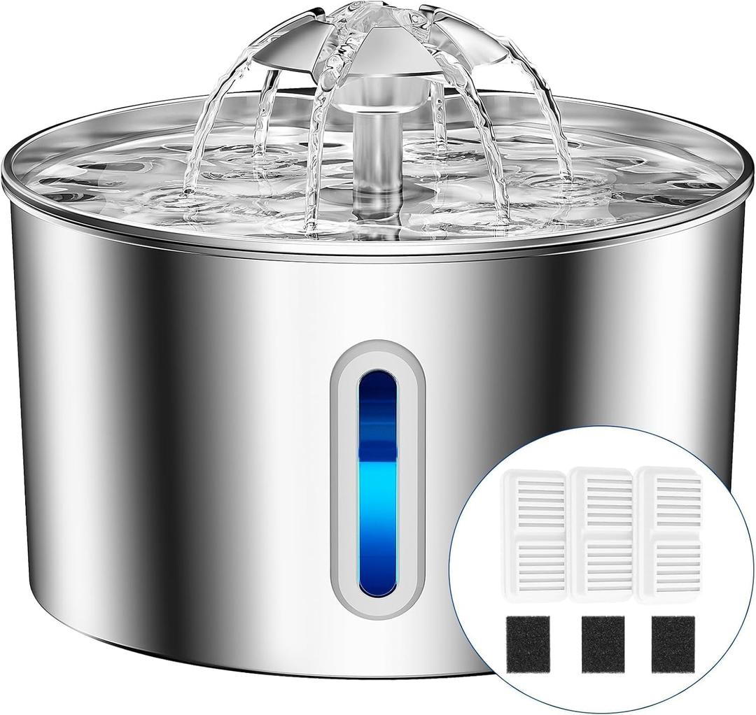 Cat Water Fountain Stainless Steel - 74oz/2.2L Pet Gift Dog Water Dispenser Automatic Silent Cats Dispenser for Drinking Indoor Metal Kitty Spout Fountains with 3 Filters & 3 Sponges Cat Dogs Gifts, 2.2L+3Filters+3Sponges
