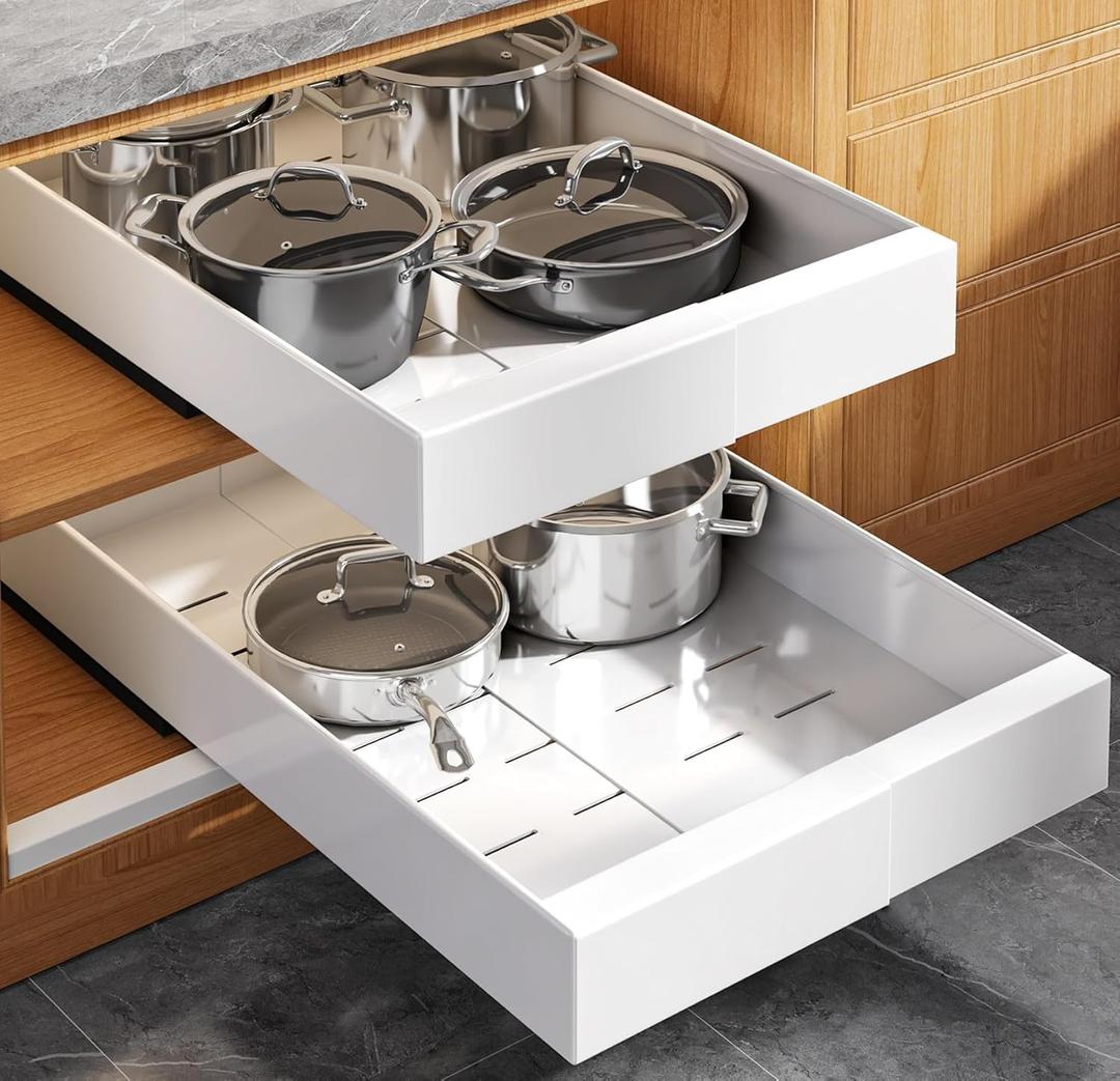 Seinloes 2 Pack Expandable (9"-14") Pull Out Cabinet Organizer 21" Deep With Raising Pad for Framed Cabinets, Upgrade 3 Slide Rails Slide Out Drawers, No Drill Roll Out Shelves Adhesive, White