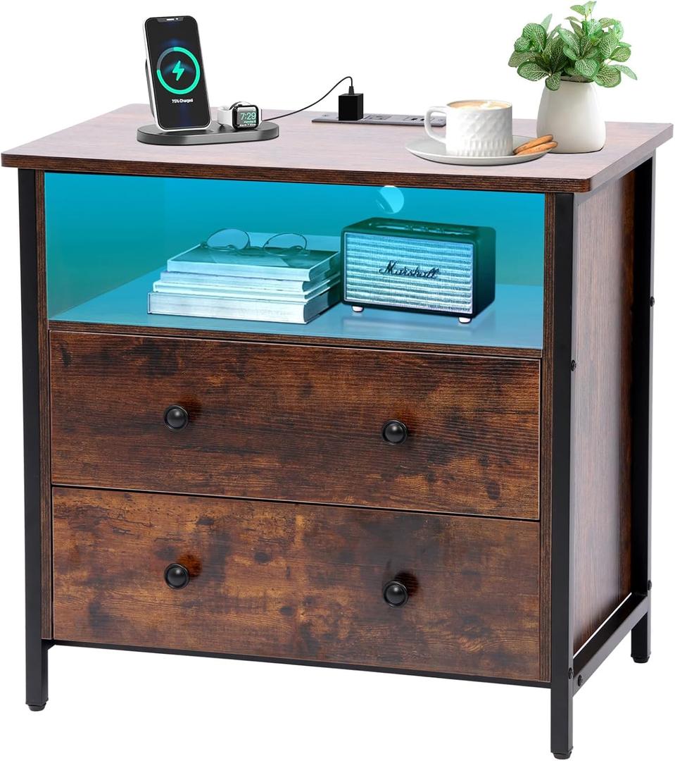 27 Inch Wide Night Stand, Large Wooden Night Stand with 2 Drawers, LED Nightstand with Charging Station and Adjustable Drawer, Bedside Table for Living Room/Bedroom/Study/Office, Retro Brown.