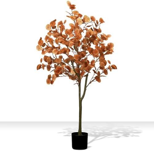 CraftyDream 4ft Fall Eucalyptus Leaves Artificial Autumn Tree Ficus Fall Eucalyptus Stems Thanksgiving Decor Artificial Faux Tree Leaves Branches Decor for Porch Front Door Outdoor Indoor Decoration