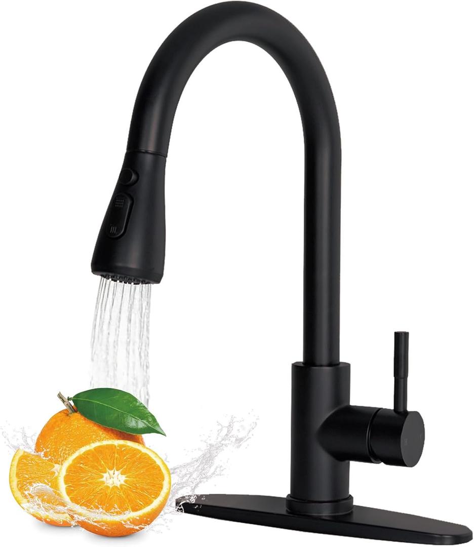 VAPSINT Black Kitchen Faucet with Pull Down Sprayer for 1or 3 Hole, Matte Black High Arc Single Handle Commercial Stainless Steel Kitchen Faucets with Deck for Farmhouse, RV, Laundry & Bar, VAP-BY003
