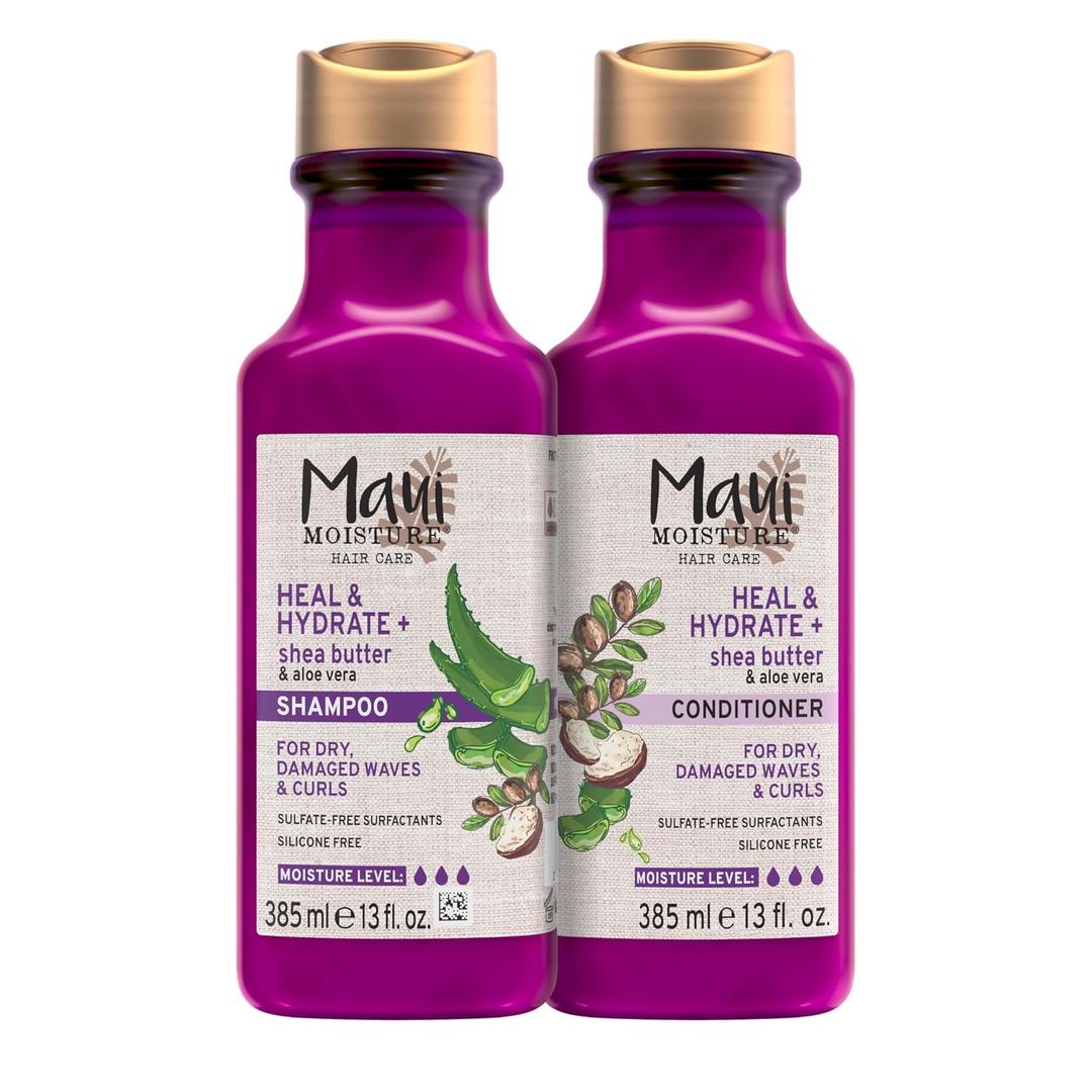 Maui Moisture Heal & Hydrate + Shea Butter Shampoo & Conditioner Bundle, Hair Care Set with Shea Butter & Aloe Vera for Dry, Damaged Waves & Curls, Silicone-Free, Two Pack, 2 x 13 fl. oz