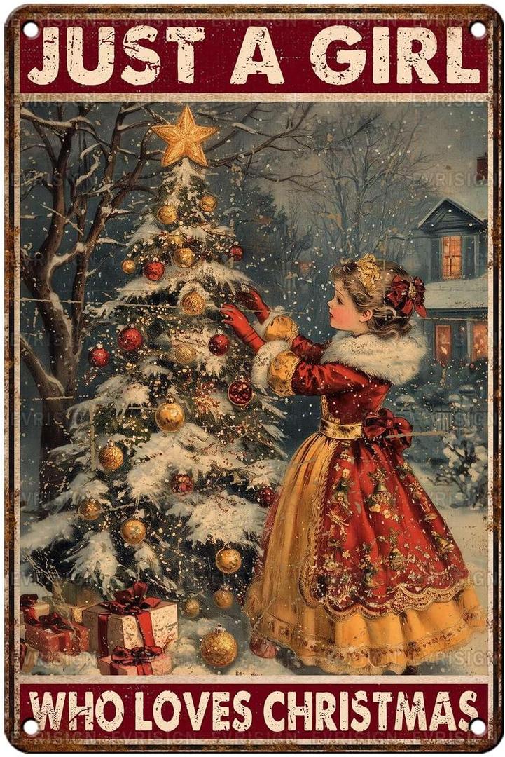 Just a Girl Who Loves Christmas Metal Sign Vintage Christmas Tree Tin Poster Heartwarming Holiday Wall Decor for Home Nursery Festive Cafe Kitchen Bar Bedroom Office 12 * 8In
