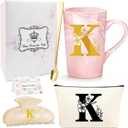 Initial Letter Gift Set for Women - Personalized Monogram Ceramic Mug Set - Initial Letter Gifts for Birthday, Bridesmaid, Mothers Day Gift for Her(K)