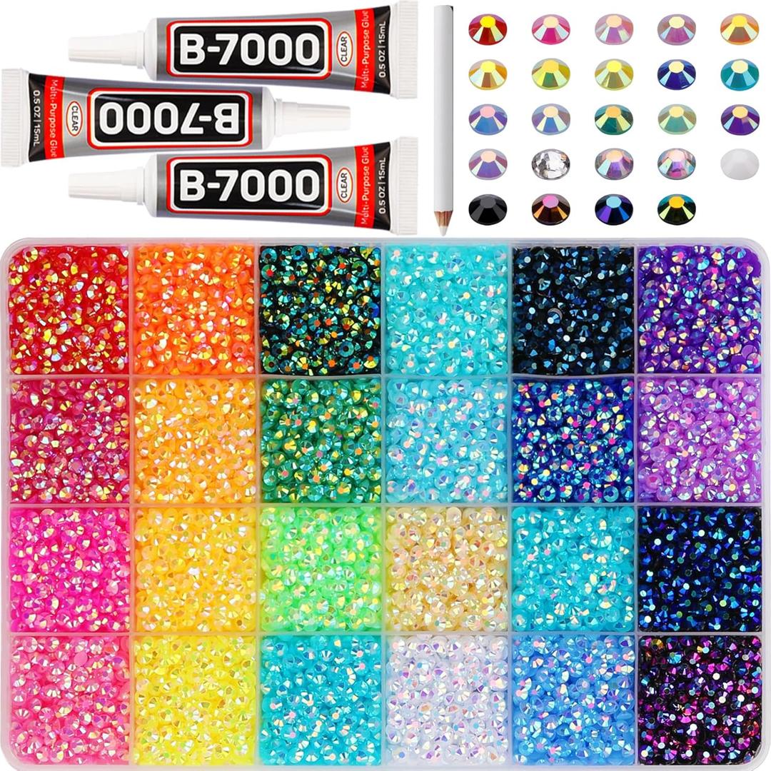 17000Pcs 4mm SS16 Rhinestones Bedazzling Kit, Flat Back Jelly Resin Bedazzled Set Bulk Gems Jewels Diamonds Gemstones Stones Crystals, Bedazzler Kit Bling B7000 Glue for Crafts Clothes Crafting Book (Large Pack + 3pcs Glue, Jelly AB | 24 colors | 4mm)