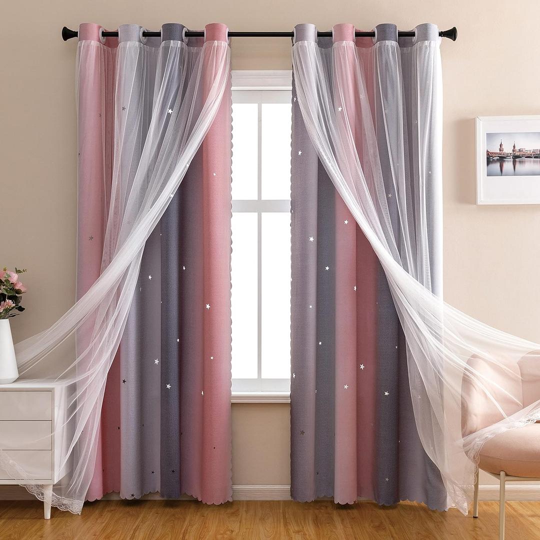 XiDi Dream Star Blackout Curtains for Kids Rooms Girl Princess Curtain for Daughter Bedroom Window (Pink Grey, W34 X L63)