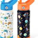 Fimibuke Kids Insulated Water Bottle, 18oz BPA FREE Kids Cups with Straw Double Wall Vacuum Tumbler 18/8 Stainless Steel Leak Proof Toddler Water Bottle for School Boys Girls (2 Pack, Game+Space)