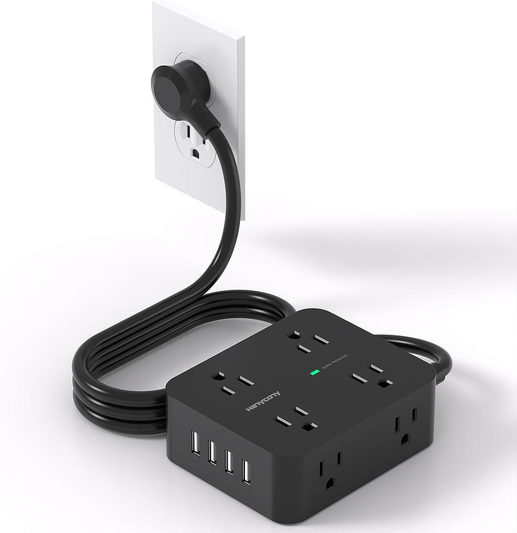 HANYCONY Power Strip Surge Protector, 5 Ft Exetnsion Cord with Multiple Outlets, Outlet Extender with 4 USB Ports, Flat Plug, Wall Mount for Home Office Dorm Room Essentials, ETI Listed, Black