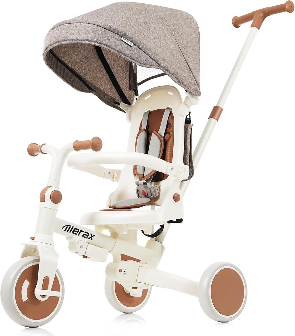 Merax 7-in-1 Foldable Toddler Tricycle Removable Pedal, Canopy and Guardrail Adjustable Push Handle