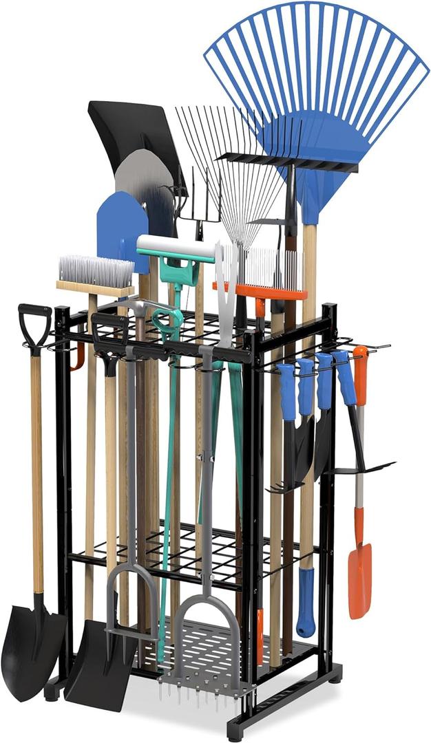 Garden Tool Organizer with Storage Hooks, Yard Tool Tower Rack for Garage Organization and Storage, Up to 50 Tools, Heavy Duty Steel Garden Tool Stand for Garage, Outdoor, Home, Black