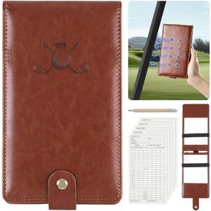 Archerest Magnetic Golf Scorecard Holder, 7.48" x 4.33" Premium Leather Yardage Book Cover Golf with A Pencil and Five Double Sided Printed Scorecards, Golf Accessories and Scorecard Book (Brown)