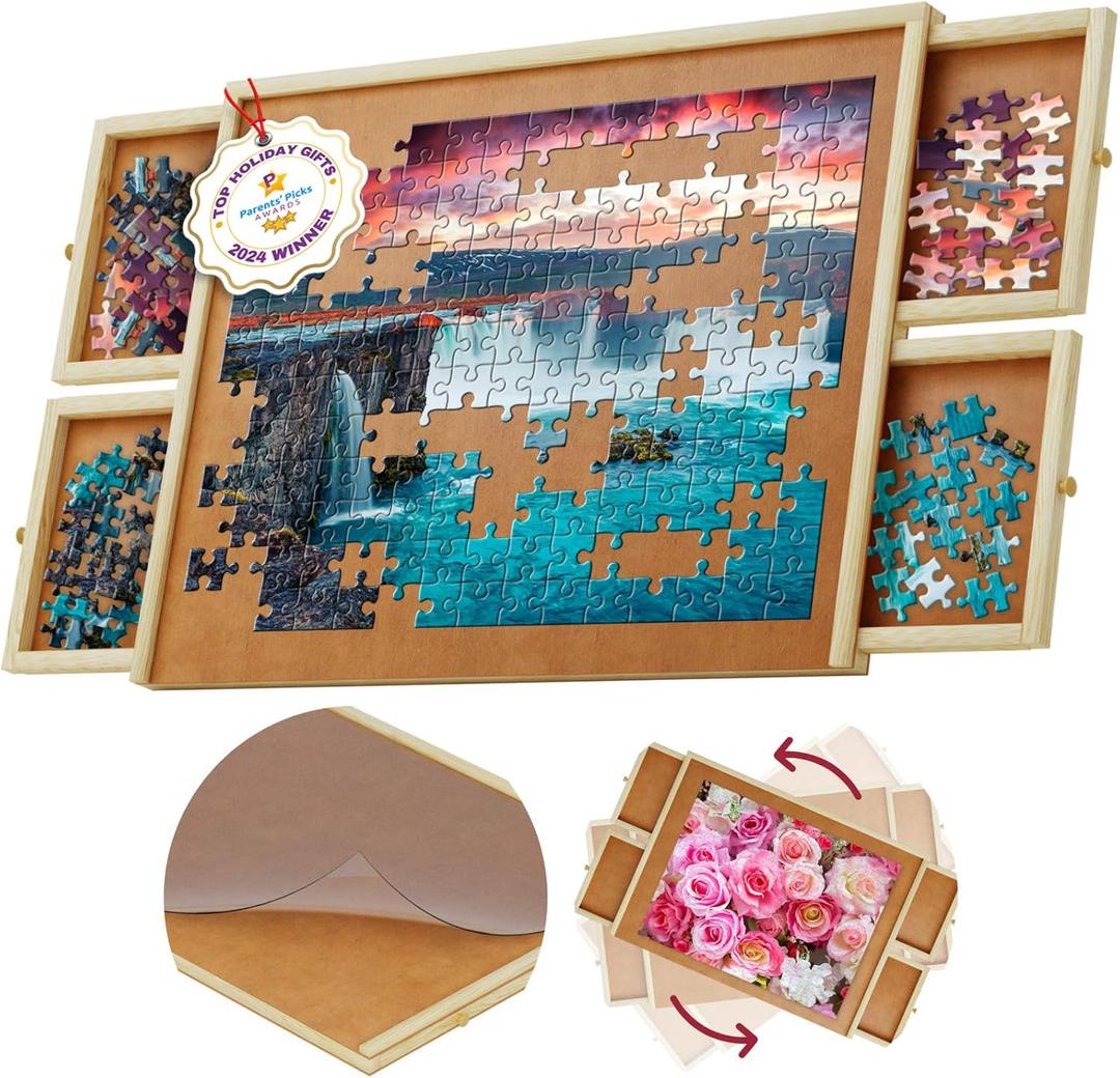 1000 Piece Wooden Jigsaw Puzzle Table - 4 Drawers, Rotating Puzzle Board | 30 X 22 Jigsaw Puzzle Board | Puzzles Cover Included - Portable Puzzle Tables for Adults and Kids by Beyond Innoventions