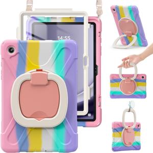 BRAECN Case for Samsung Galaxy Tab A9 Plus/ A9+ 11 2023 (SM-X210/X216/X218), Heavy Duty Rugged Cover with Screen Protector, 360 Degree Rotating Stand, Stable Kickstand, Shoulder Strap, Colorful Pink
