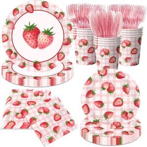 Strawberry Birthday Decorations,144Pcs Strawberry Party Plates,Napkins,Cups Strawberry Party Supplies Summer Fruit Tableware Set for Girls Baby Shower,Berry First Birthday Decor