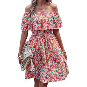 Off Shoulder Boho Floral Swing Mini Dress Summer Strapless Pleated Short Dress, XL, Orange Floral