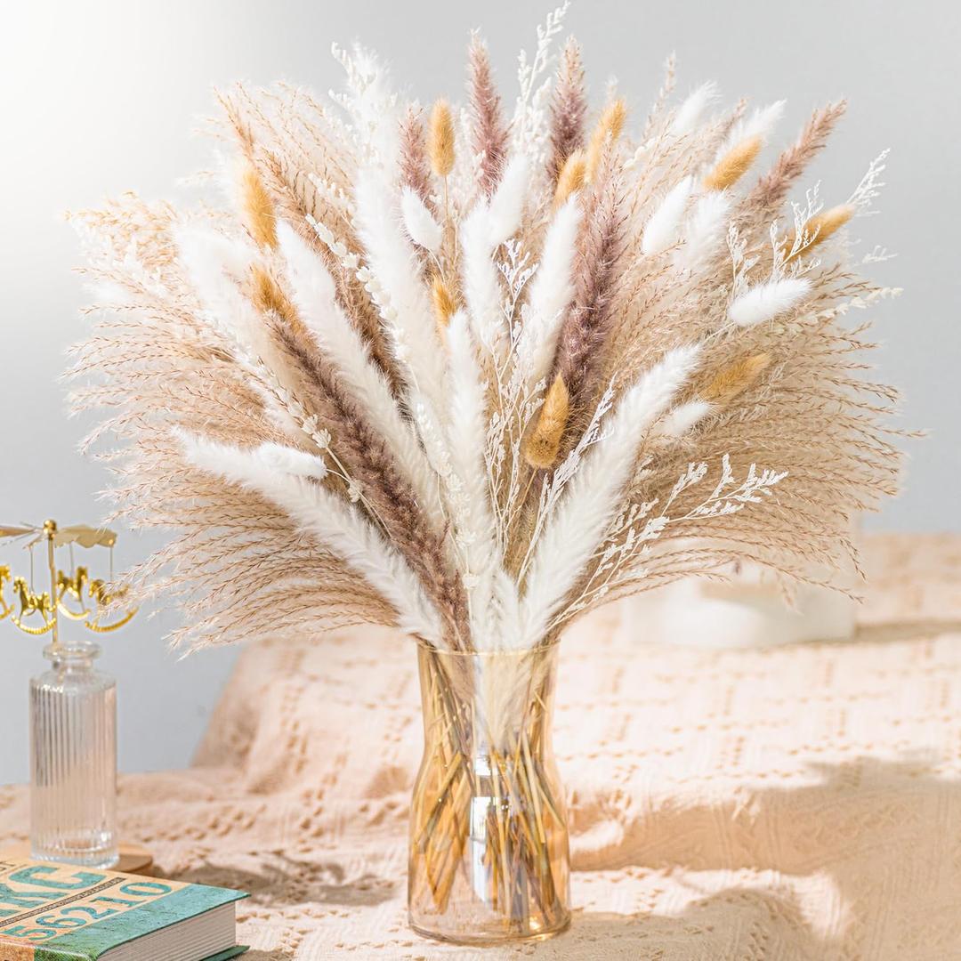 Natural Pampas Grass 8kind Grass Mix Bouquet | Dried Pampas Bouquet for Wedding Boho Flowers Home Table Desk Decor, Rustic Farmhouse Decor (93PCS)