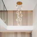 JAYMP 10 Rings Modern Dimmable LED Chandeliers for Staircase High Ceiling Living Room Wooden Base Acrylic Lampshade Pendant Light Hotel Entrance Foyer Lighting (Round Ceiling Base, 10 Rings)