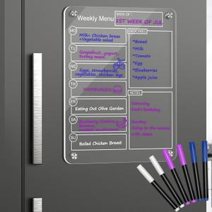 16''x12'' Acrylic Meal Planner Magnetic Menu Board for Kitchen Fridge, Clear Weekly Calendar Planning Board Noteboard Dry Erase Board to Do/Grocery/Shopping List/Chore Chart Includes 6 Markers