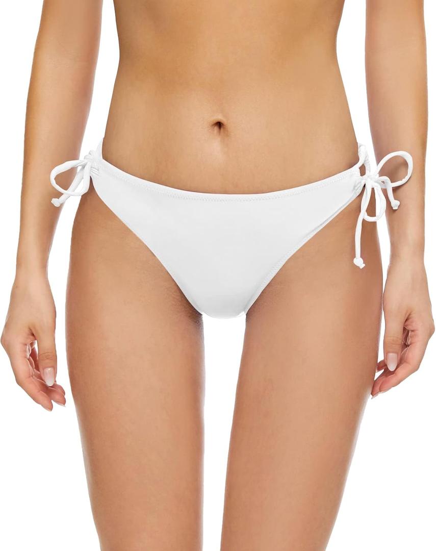 Bellecarrie String Tie Side Bikini Bottoms Women Full Coverage Mid Rise Bathing Suit Bottom Mid Waist Swimsuit Bottom (Large, White)